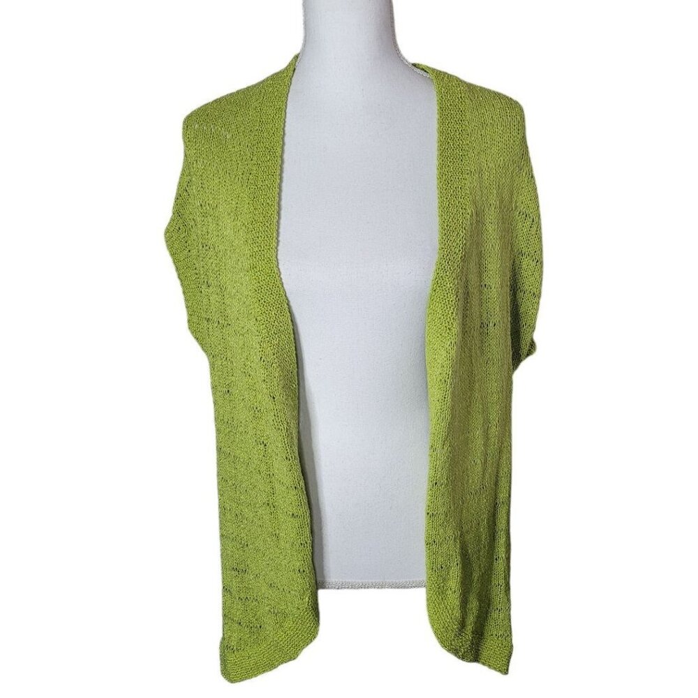 Coldwater Creek Long Cardigan Green Open‎ Front Womens Large Knit Weave Shiny